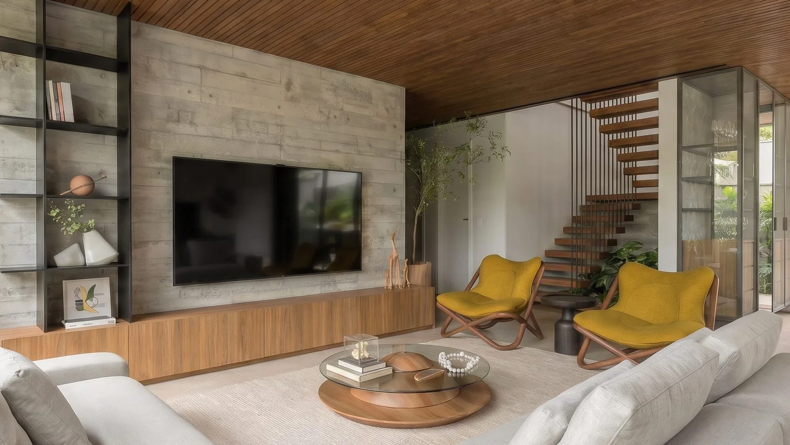 Estar com painel de madeira, televisor, duas poltronas amarelas e a escada ao fundo