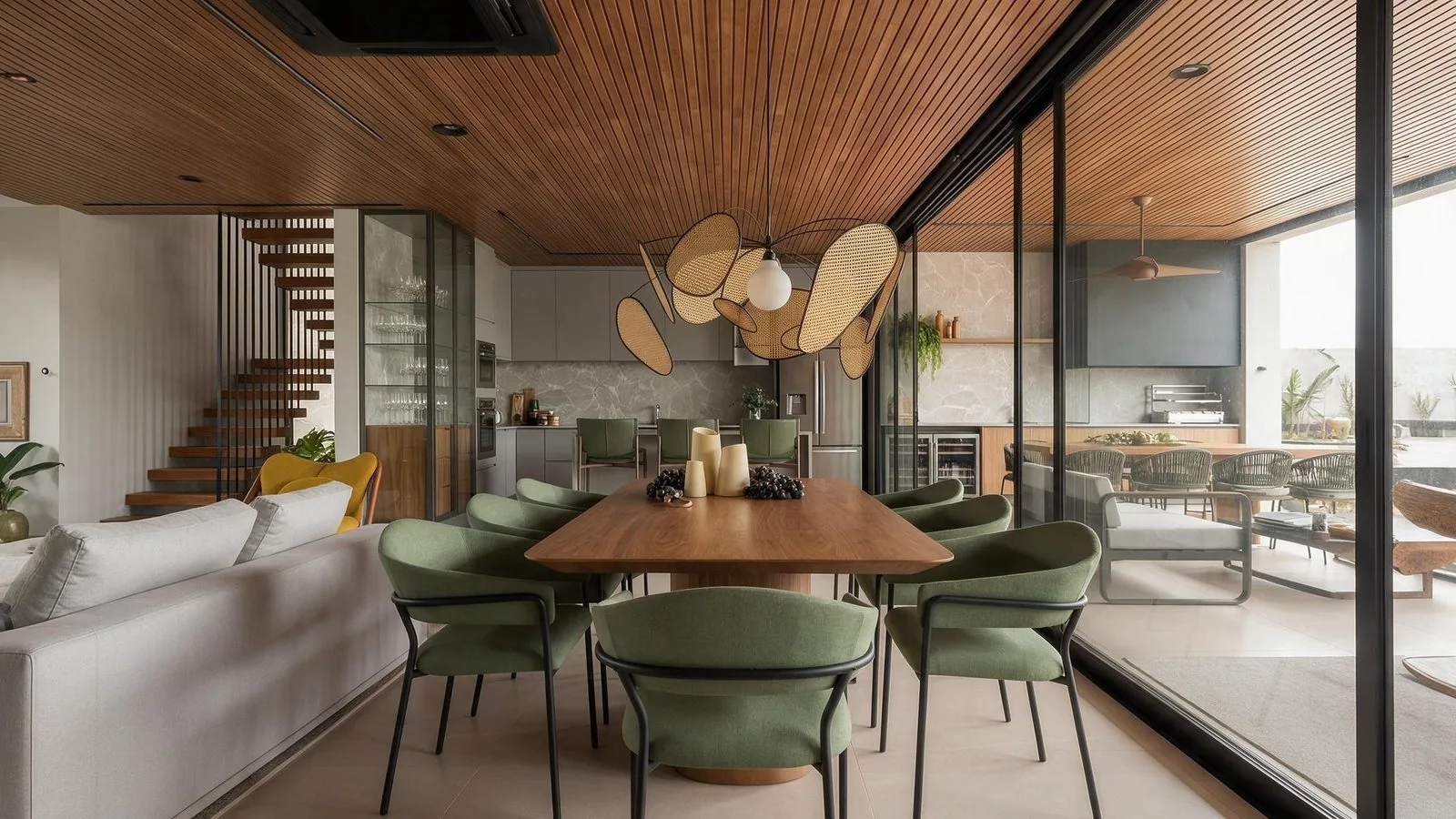 Mesa de jantar com cadeiras verdes e luminária de discos, escada e cozinha ao fundo