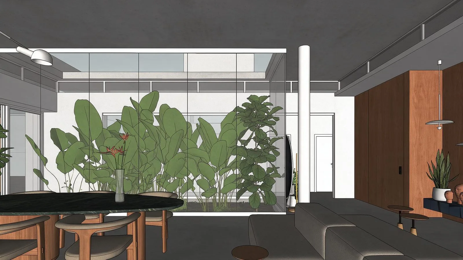 A mesma cena crua na viewport do SketchUp, com o mesmo enquadramento, sem luz configurada e com materiais planos