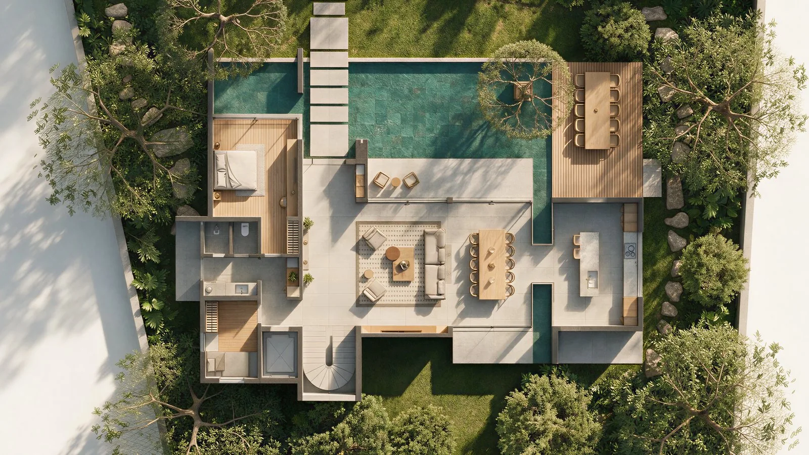 A planta humanizada pelo Cora, com piso paginado, mobiliário, vegetação e sombras